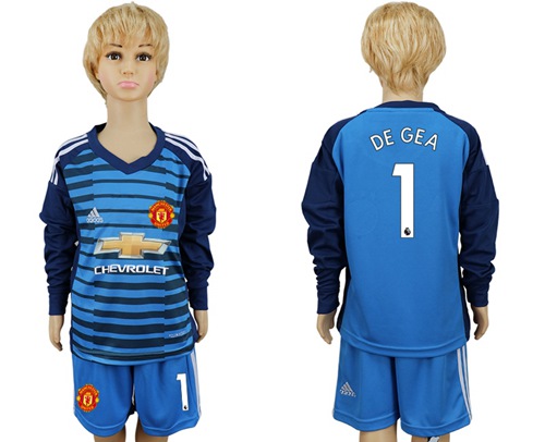 Manchester United #1 De Gea Blue Long Sleeves Kid Soccer Club Jersey - Click Image to Close